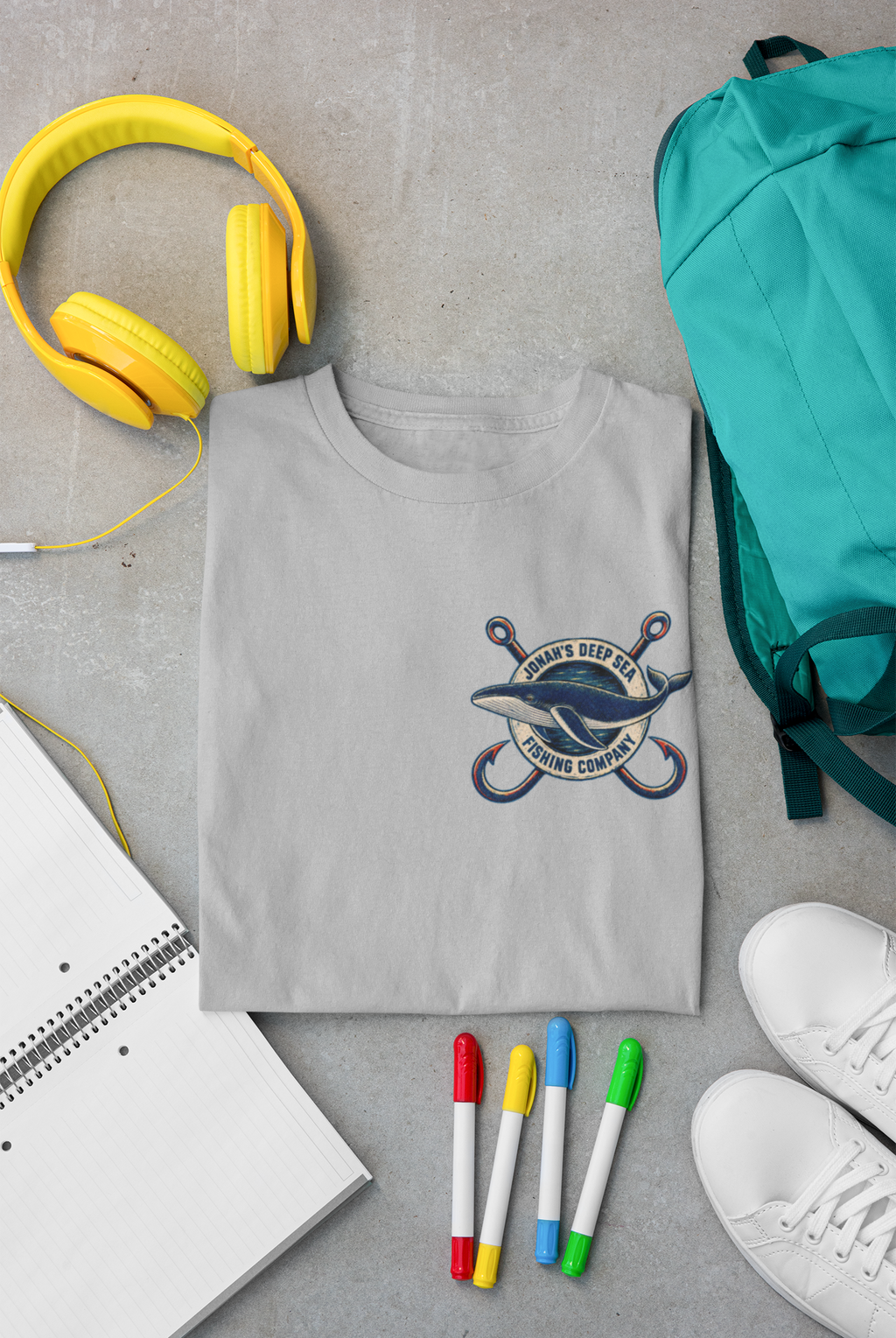 A light gray Christian graphic t-shirt by SeedSowerGraphics with a navy blue and yellow 'Jonah's Deep Sea Fishing Company' anchor and whale graphic, styled in a flat lay with yellow headphones, a teal backpack, a notebook, colored markers, and white sneakers on a gray concrete floor.