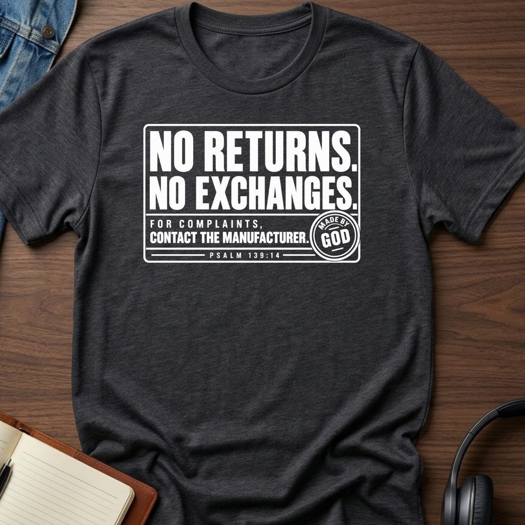 heather grey shirt laid out with white text that says "no returns. no exchanges. for complaints, contact the manufacturer' made by god' beneath it says psalm 139:14