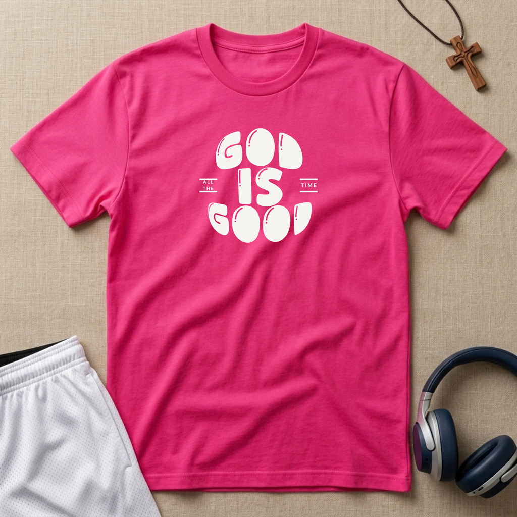 A bright pink crewneck t-shirt with a white graphic reading 'GOD IS GOOD' styled in a flat-lay arrangement on a beige textured background, accompanied by white shorts, headphones, and a wooden cross necklace.