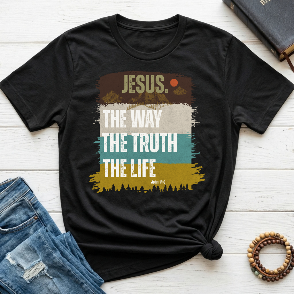 A black graphic t-shirt laid flat on a white wood background, styled with blue jeans, a book, and a beaded bracelet. The t-shirt features a retro-style layered graphic with the text 'JESUS.