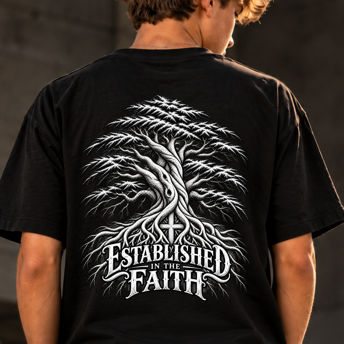A young man viewed from behind wearing a black t-shirt with a large white graphic of a tree with roots and the text 'ESTABLISHED IN THE FAITH' printed on the back.