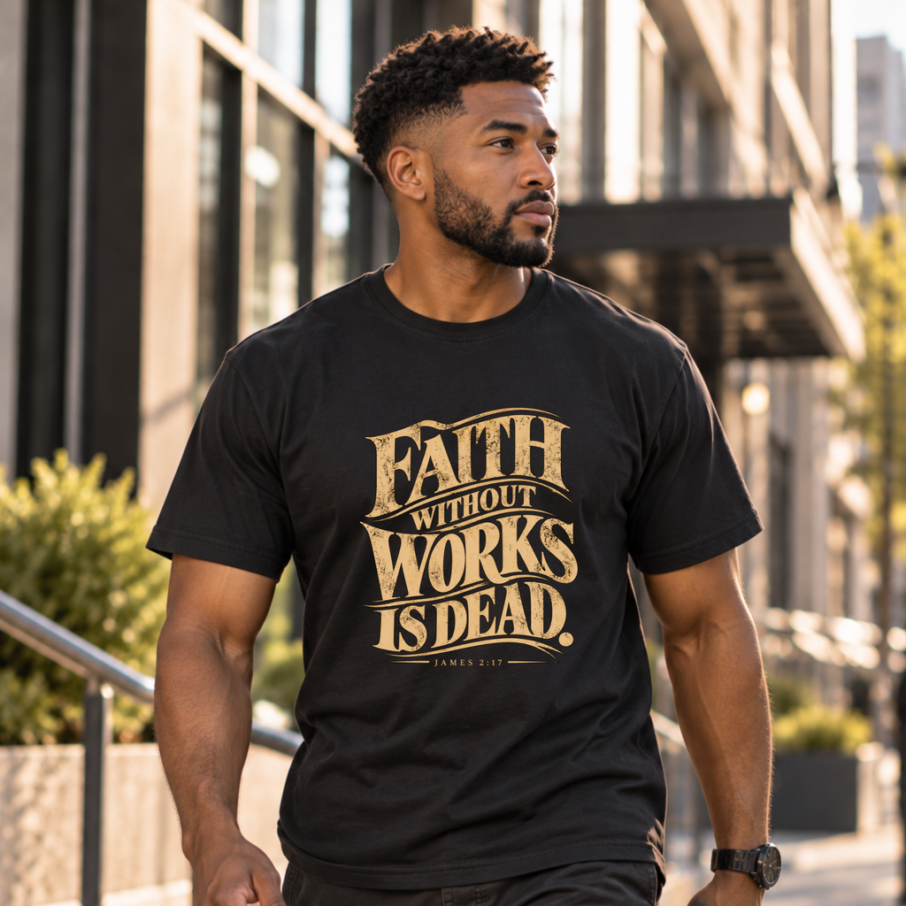 A man wearing a black t-shirt with a gold graphic print that reads 'FAITH WITHOUT WORKS IS DEAD. James 2:17' walking outdoors in front of modern glass buildings.