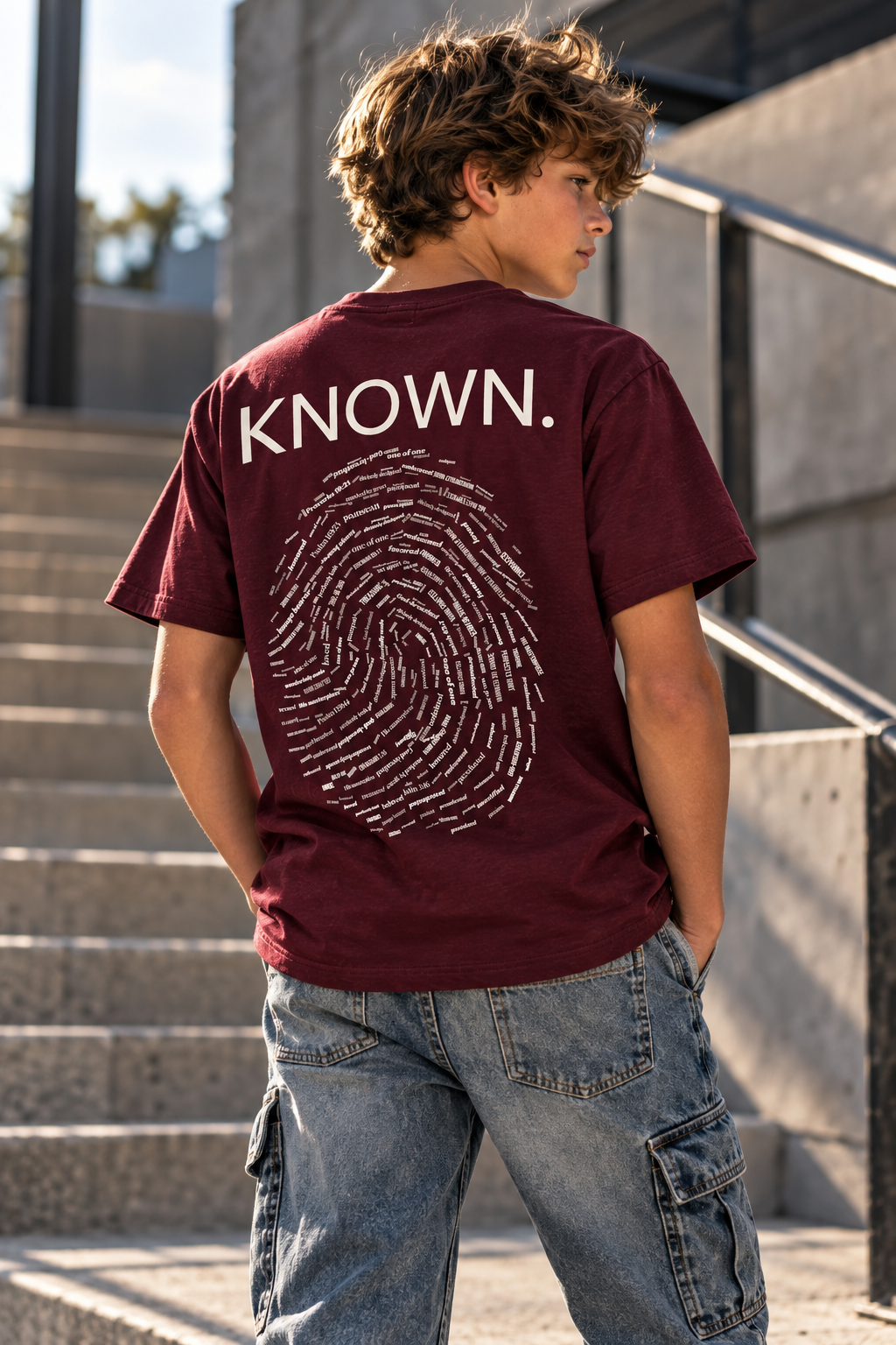 Young boy wearing a maroon Christian shirt that says Known with a fingerprint inlaid with  words of affirmation from God.