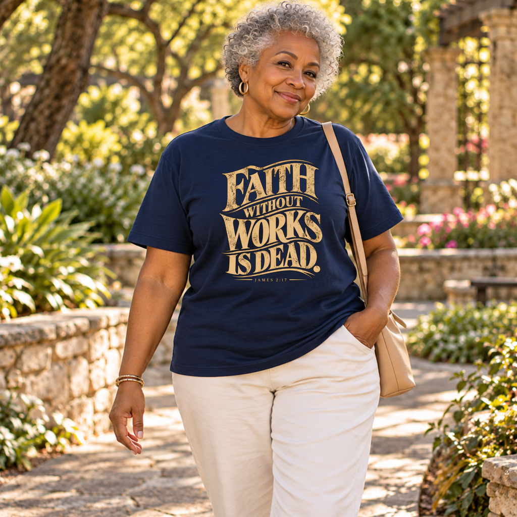 An older woman walking outdoors on a garden path wearing a navy blue graphic t-shirt with gold text that reads 'FAITH WITHOUT WORKS IS DEAD. james 2:17