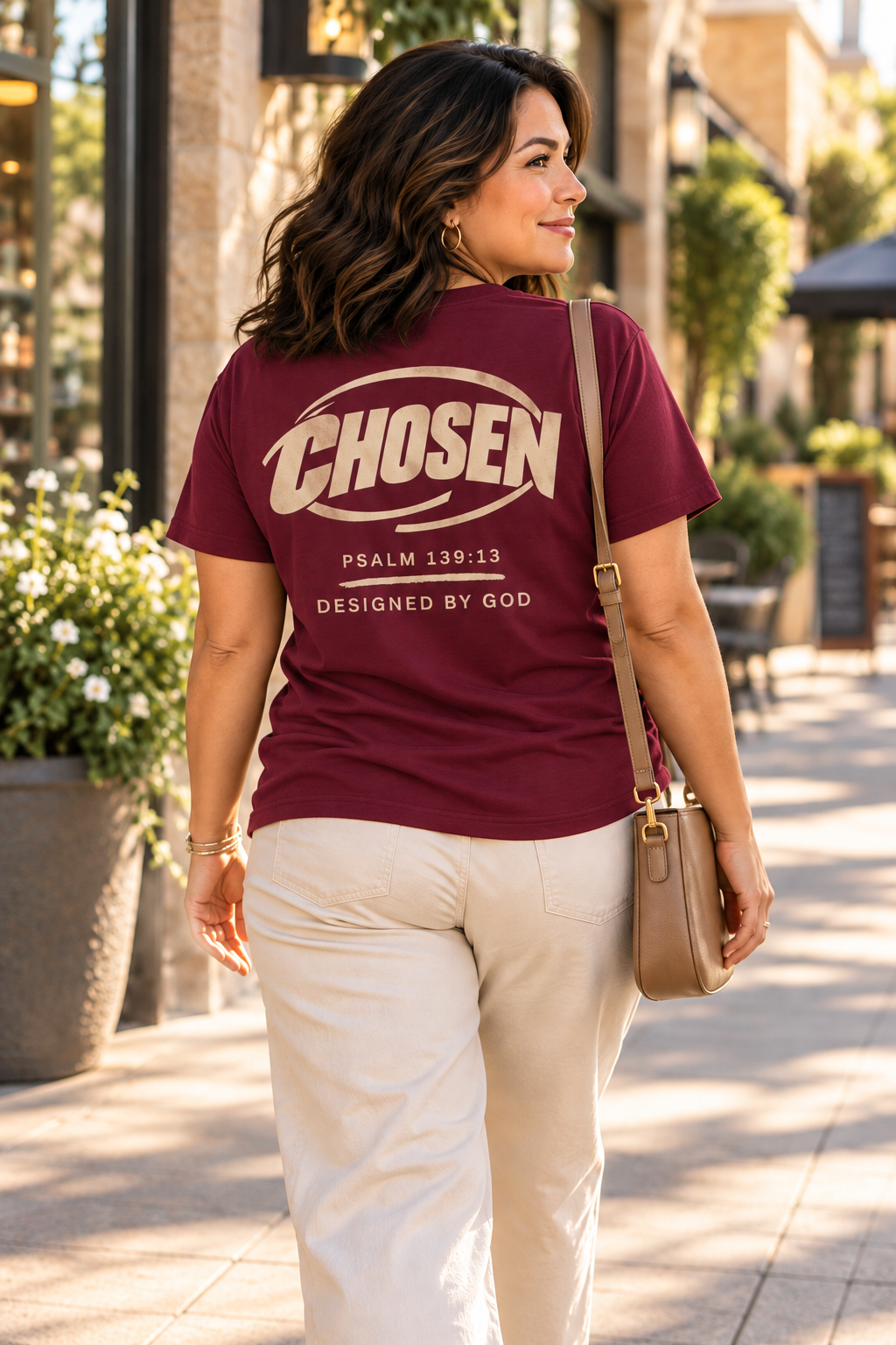 A woman wearing a maroon t-shirt with a beige graphic print that reads 'CHOSEN' and 'PSALM 139:13 DESIGNED BY GOD' on the back, paired with cream pants and a tan crossbody bag, walking on a sunny outdoor patio.