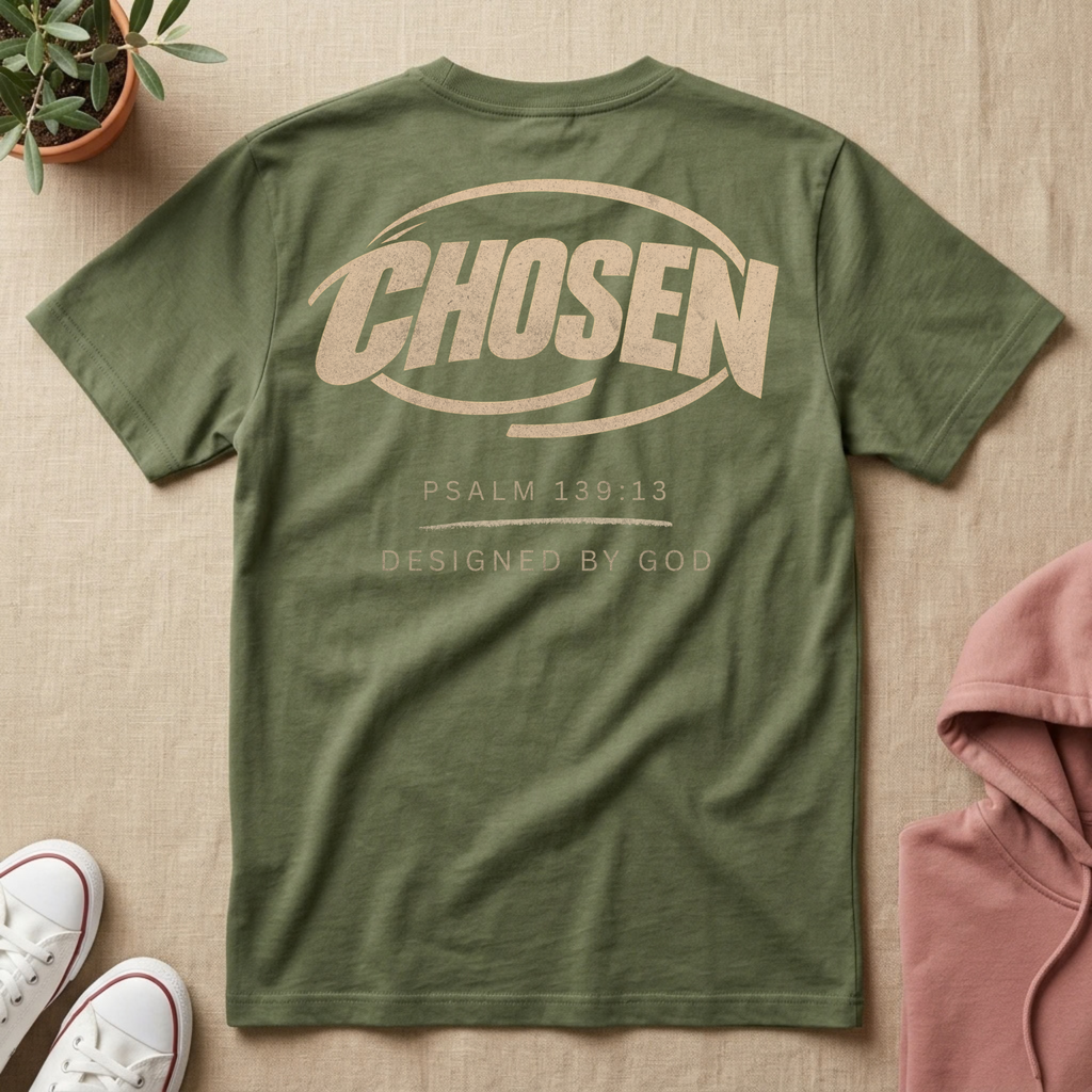 An olive green t-shirt laid flat on a beige fabric background, featuring a distressed tan graphic on the back with the word 'CHOSEN' and scripture text. Styled flat-lay props include a small potted plant, white sneakers, and a pink hoodie.