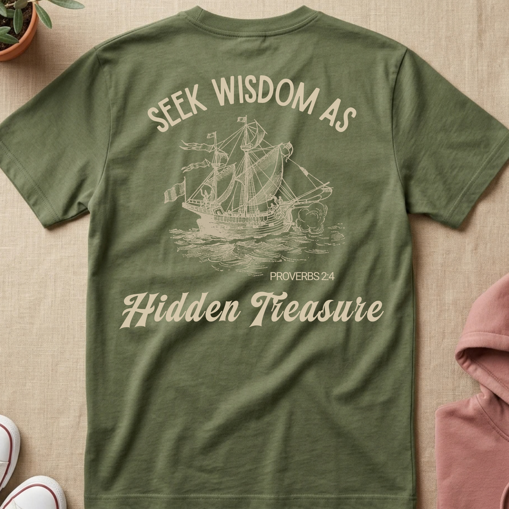 An olive green short-sleeve t-shirt laid flat on a beige textured background, featuring a cream-colored graphic of a sailing ship and the text 'SEEK WISDOM AS Hidden Treasure PROVERBS 2:4'.