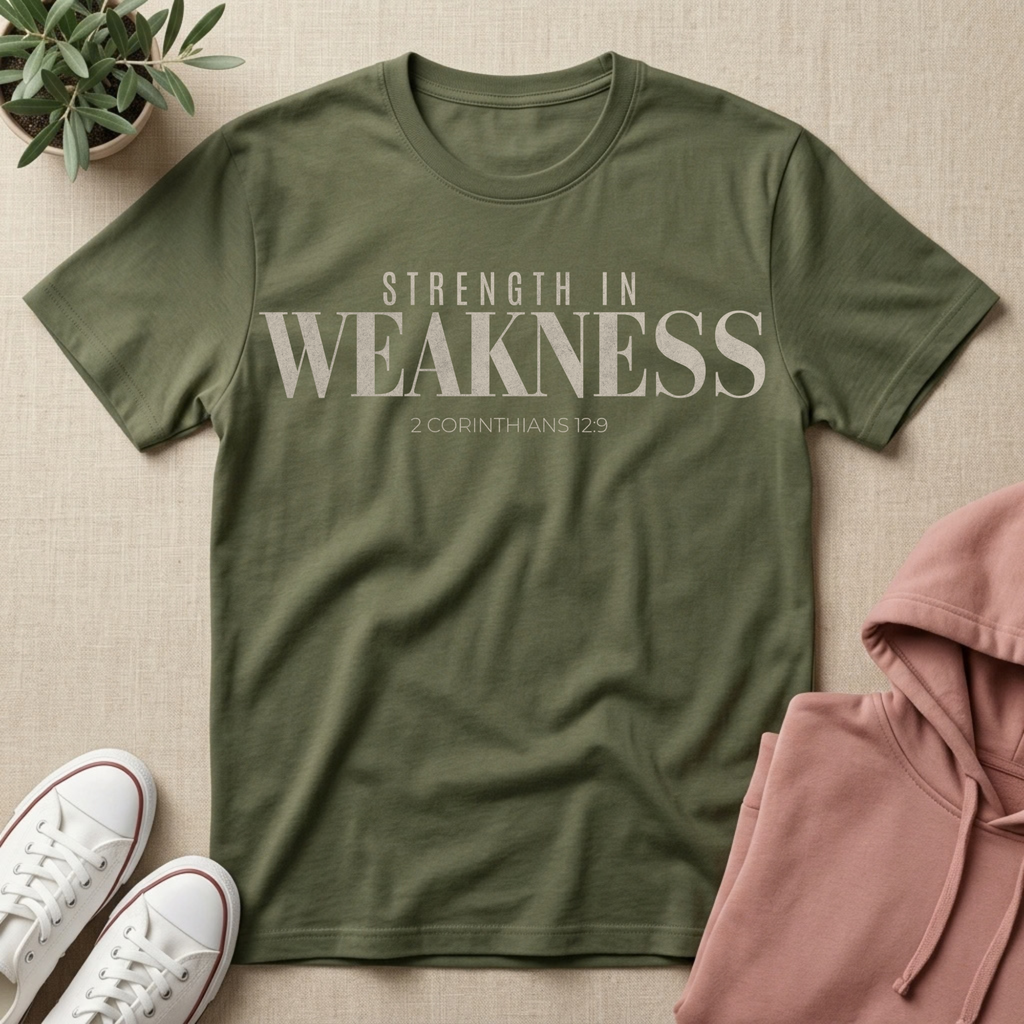 An olive green short-sleeve Christian t-shirt that say "strength in weakness' 2 Corinthians 12:9, styled in a flat lay with white sneakers, a pink hoodie, and a small potted plant on a beige linen background.
