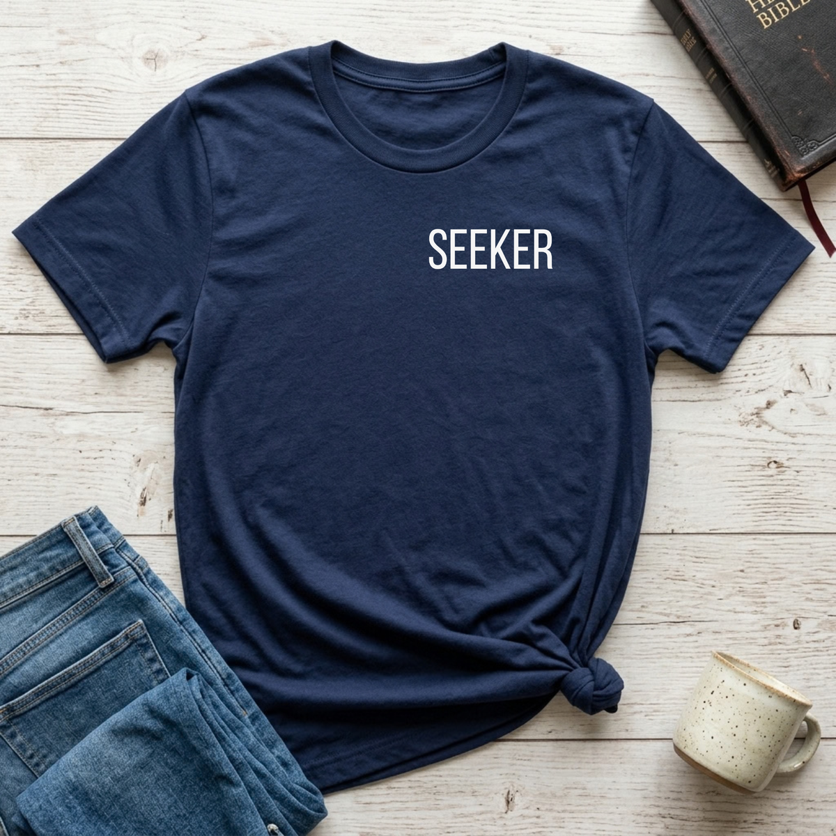 Navy Blue shirt with the word 'Seeker' on the left chest