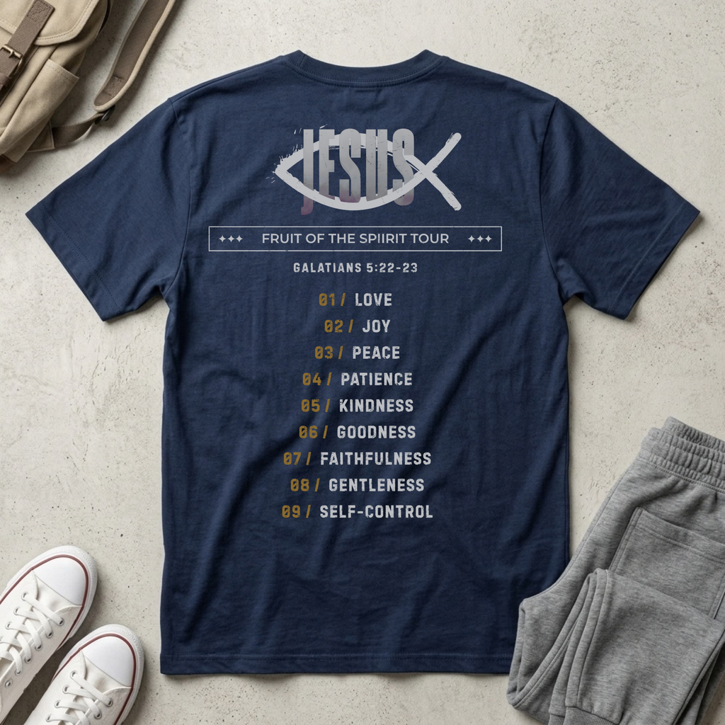 A navy blue graphic t-shirt laid flat on a light concrete surface, styled with a beige backpack, white sneakers, and gray sweatpants. The back of the shirt features a white fish logo with the word 'JESUS' crossed through it, and a list titled 'FRUIT OF THE SPIRIT TOUR' with verses from Galatians and nine positive character labels listed below in white and gold.