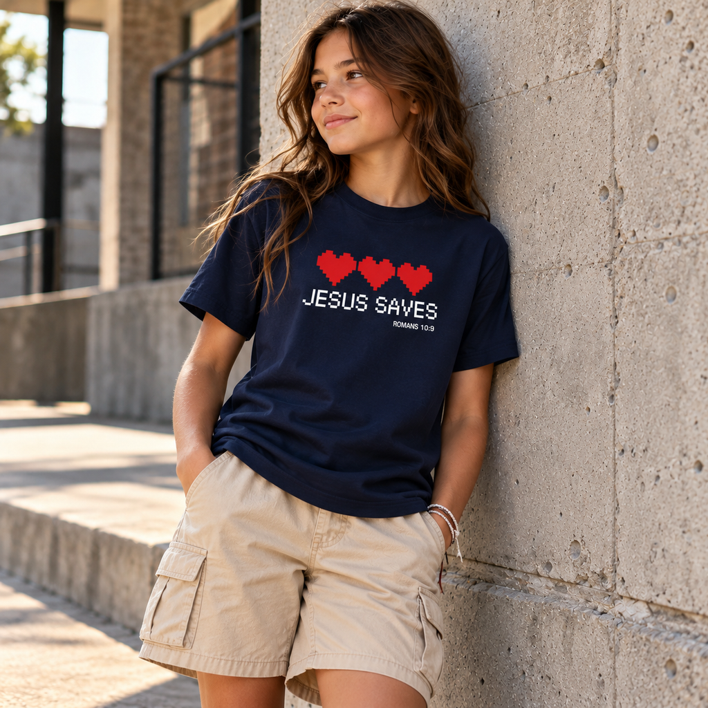 A young woman leans against a concrete wall wearing a navy blue graphic t-shirt with red hearts and the text 'JESUS SAVES' and khaki cargo shorts.