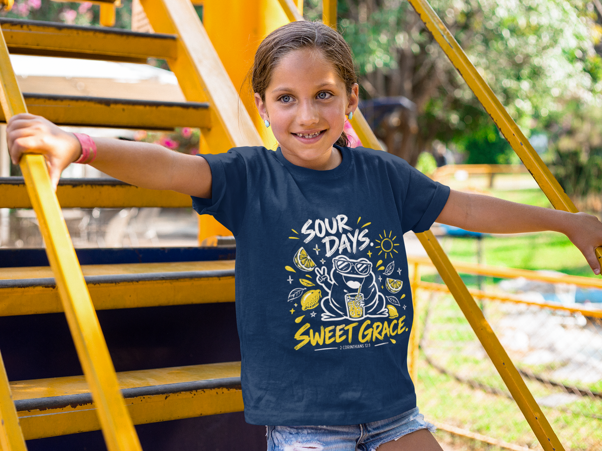 A young girl smiling while leaning on yellow outdoor stairs, wearing a navy blue Christian graphic T-shirt by SeedSowerGraphics with the text 'SOUR DAYS. SWEET GRACE.