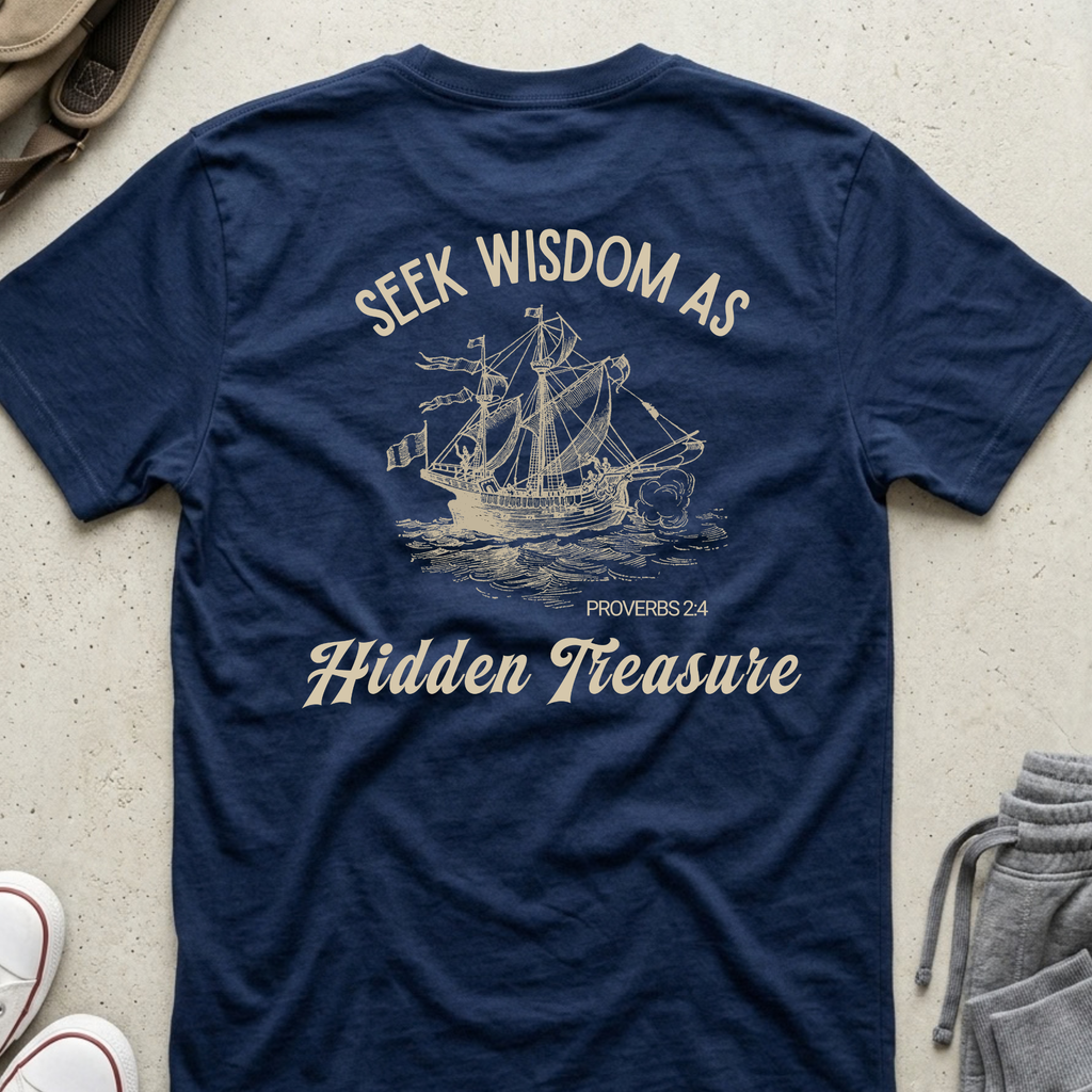 A navy blue t-shirt laid flat on a light concrete surface, featuring a cream-colored graphic of a sailing ship and the text 'SEEK WISDOM AS Hidden Treasure PROVERBS 2:4'.