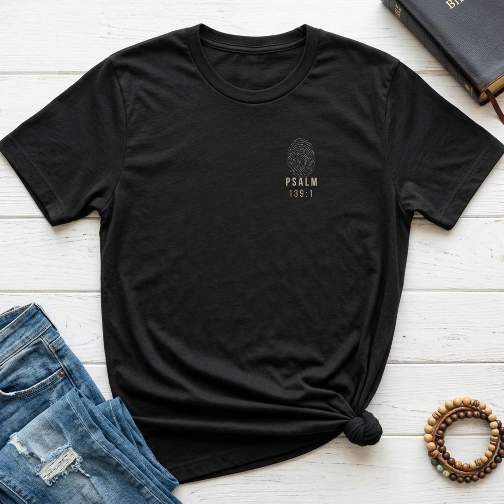 A black short-sleeve t-shirt with a small gold graphic on the left chest reading 'PSALM 139:1' with a fingerprint design, styled in a flat lay on white wooden planks with blue jeans, a book, and a wooden beaded bracelet.