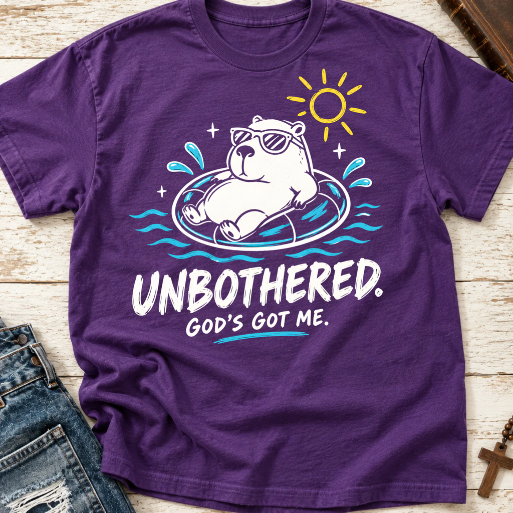 purple shirt with a capybara in a float with white lettering that says "unbothered.God's got me"