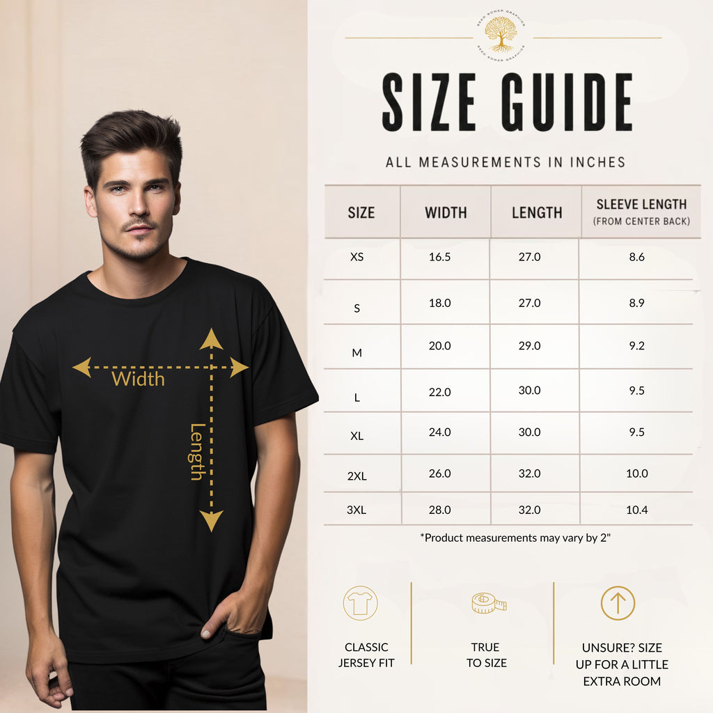 Seed Sower Graphics adult T-shirt size guide with measurements for Christian T-shirts.