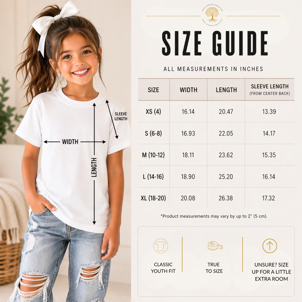SeedSowerGraphics size guide chart for youth.