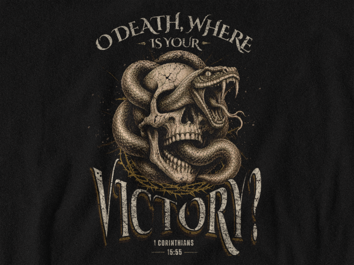 A close-up of a black Christian graphic print featuring a coiled snake wrapping around a human skull, with distressed white and gold text reading 'O DEATH, WHERE IS YOUR VICTORY?' and '1 CORINTHIANS 15:55'.