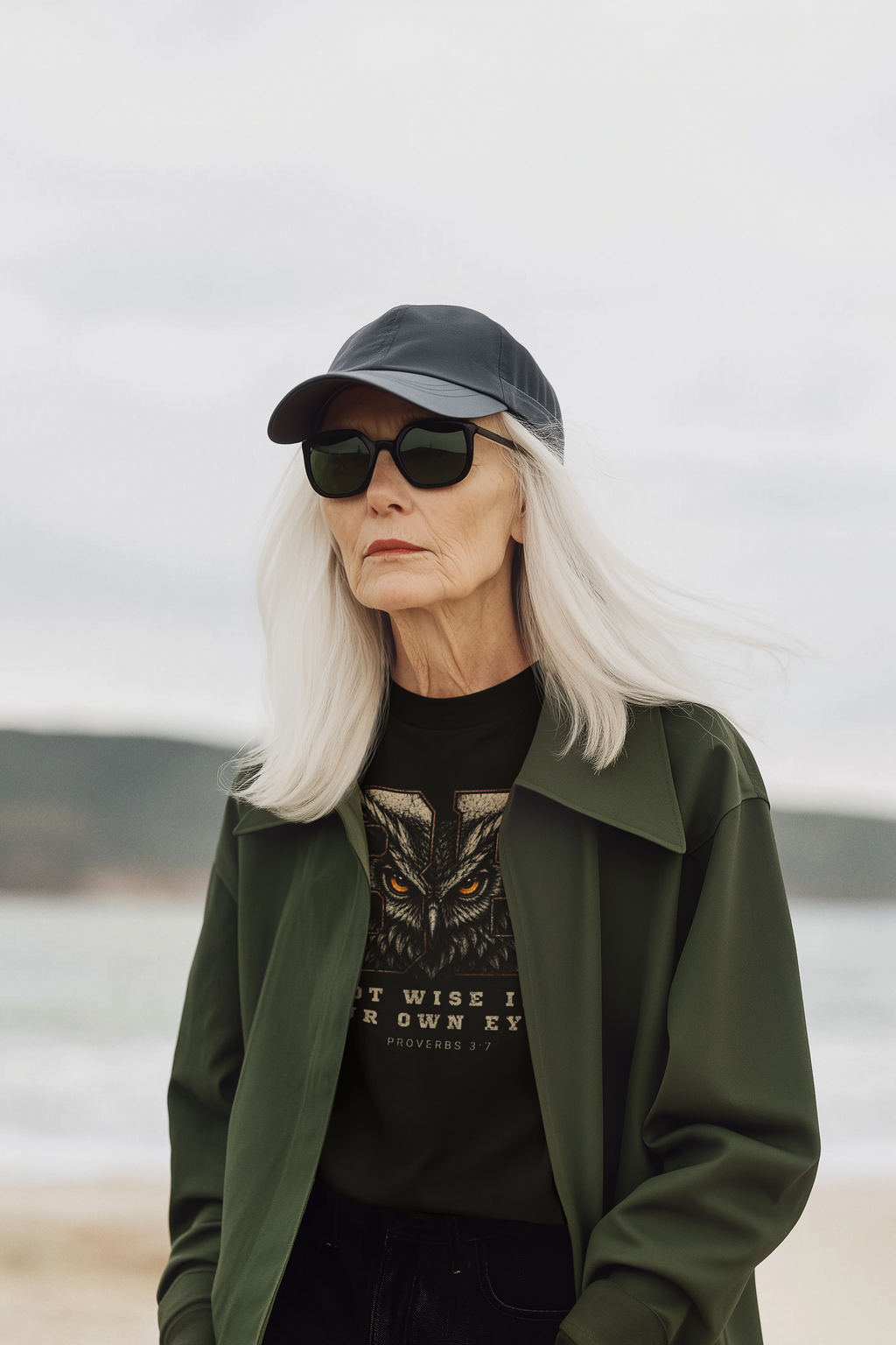 A woman with long white hair stands on a beach wearing a dark baseball cap, black sunglasses, a black Christian graphic t-shirt, and an olive green jacket.