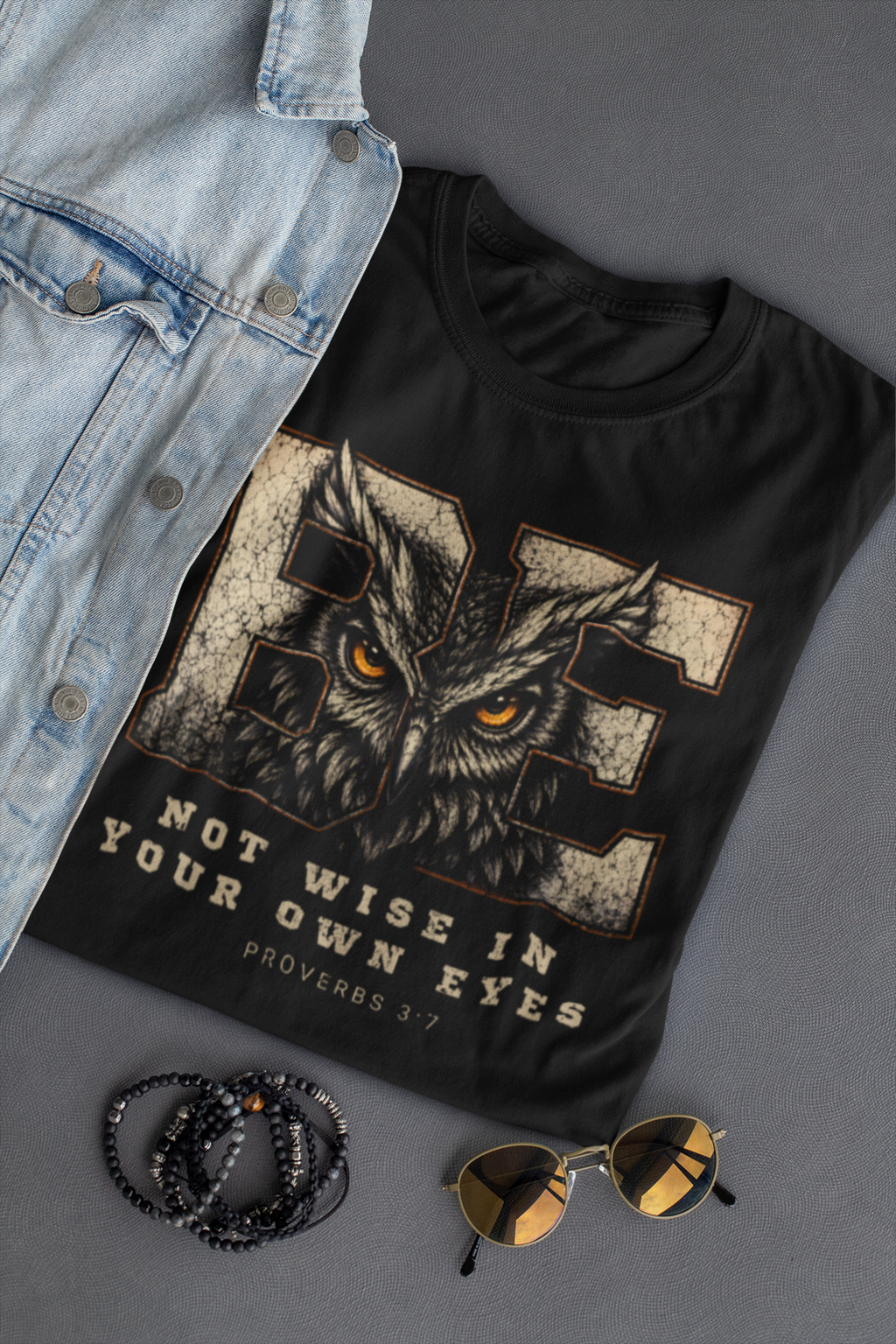 A black Christian graphic t-shirt featuring a large owl design over distressed beige letters and the text 'BE NOT WISE IN YOUR OWN EYES PROVERBS 3:7'. The shirt is styled in a flat lay with a light blue denim jacket, black beaded bracelets, and gold-framed sunglasses on a dark gray background.