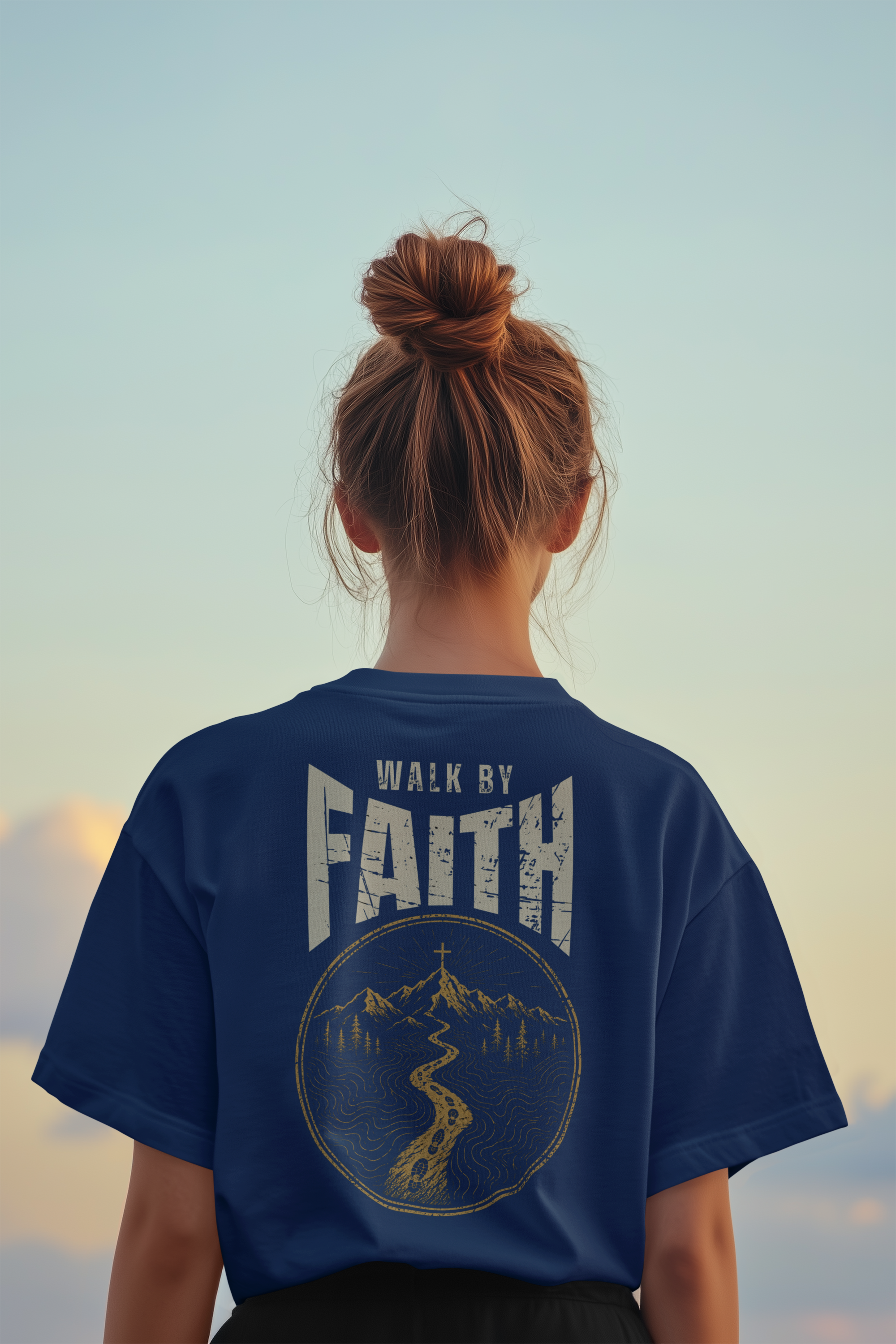 A person viewed from behind wearing a navy blue Christian bible verse T-shirt with a large distressed graphic on the back reading “WALK BY FAITH” above a circular mountain and river illustration, set against a soft sky background.