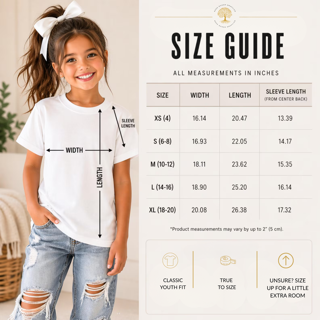 Gildan 5000B Unisex youth size chart from SeedSowerGraphics.