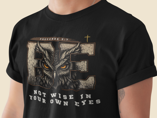 A close-up of a person wearing a black Christian graphic t-shirt. The shirt features a large distressed graphic of an owl's face inside the word 'BE', with 'PROVERBS 3:7' above and 'NOT WISE IN YOUR OWN EYES' below in white text.