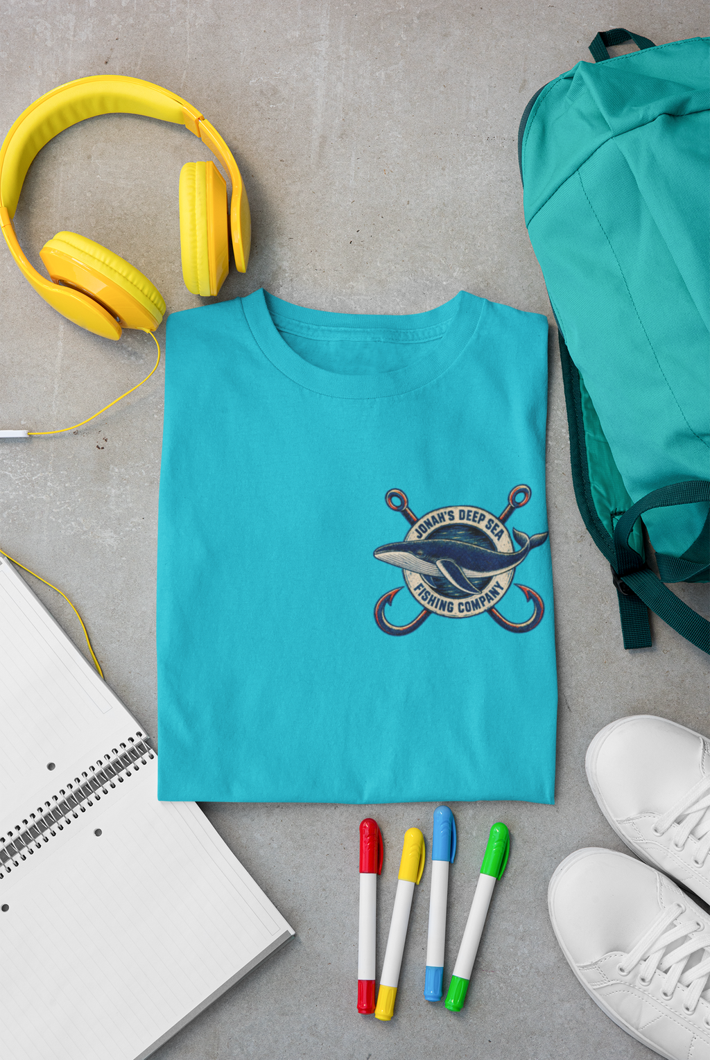 A folded turquoise Christian graphic T-shirt by SeedSowerGraphics with a fishing graphic and the words 'Jonah's Deep Sea Fishing Company' is displayed in a flat-lay arrangement on a gray concrete surface, surrounded by yellow headphones, a teal backpack, a notebook, colored markers, and white sneakers.