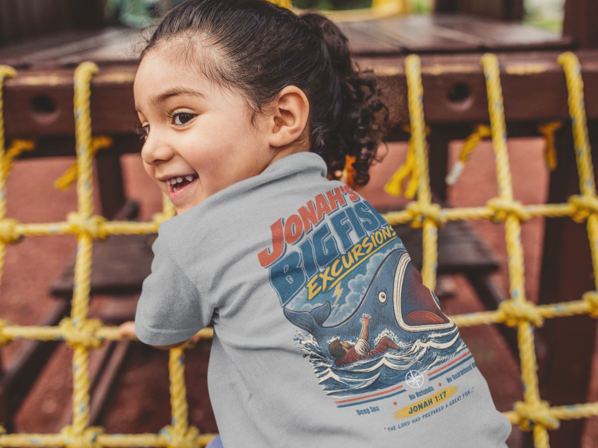 A young child wearing a light gray Christian graphic t-shirt by SeedSowerGraphics with a colorful print of a shark and the text 'JONAH'S BIG Fish EXCURSIONS!'. The child is smiling and looking back over their shoulder in front of a wooden playground net.