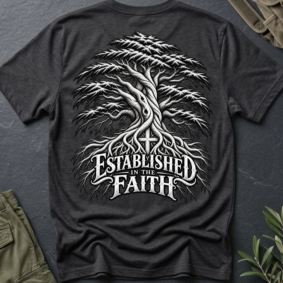 A dark charcoal gray Christian t-shirt by SeedSowerGraphics laid flat on a dark textured surface, featuring a large white graphic of a tree with roots and the text 'ESTABLISHED IN THE FAITH' on the back.
