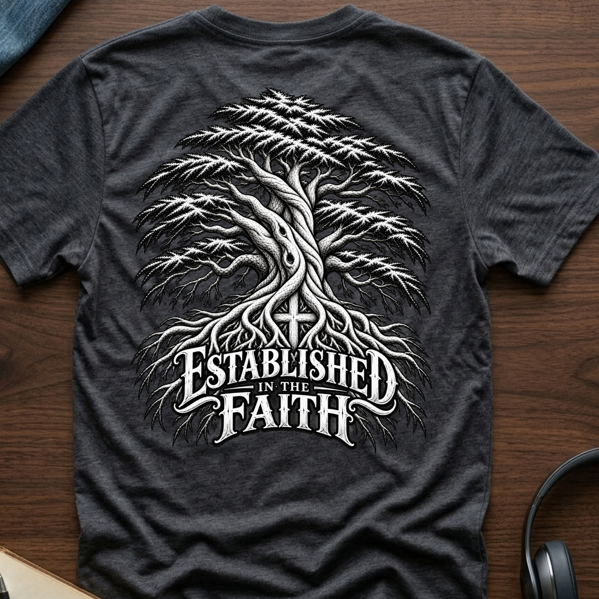 A dark heather gray t-shirt laid flat on a wooden surface, featuring a large white graphic of a tree with roots and the text 'ESTABLISHED IN THE FAITH' on the back.