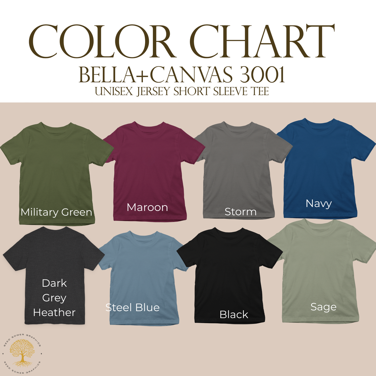 A color chart graphic for Bella+Canvas 3001 by SeedSowerGraphics unisex jersey short sleeve t-shirts, showing eight different color options labeled with names like Military Green, Maroon, Storm, Navy, Dark Grey Heather, Steel Blue, Black, and Sage, on a beige background with a white header.