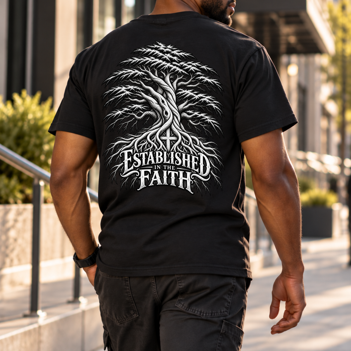 A man viewed from behind wearing a black christian graphic t-shirt by SeedSowerGraphics with a large white graphic of a tree and the text 'ESTABLISHED IN THE FAITH' on the back, walking outdoors on a sunny urban sidewalk.