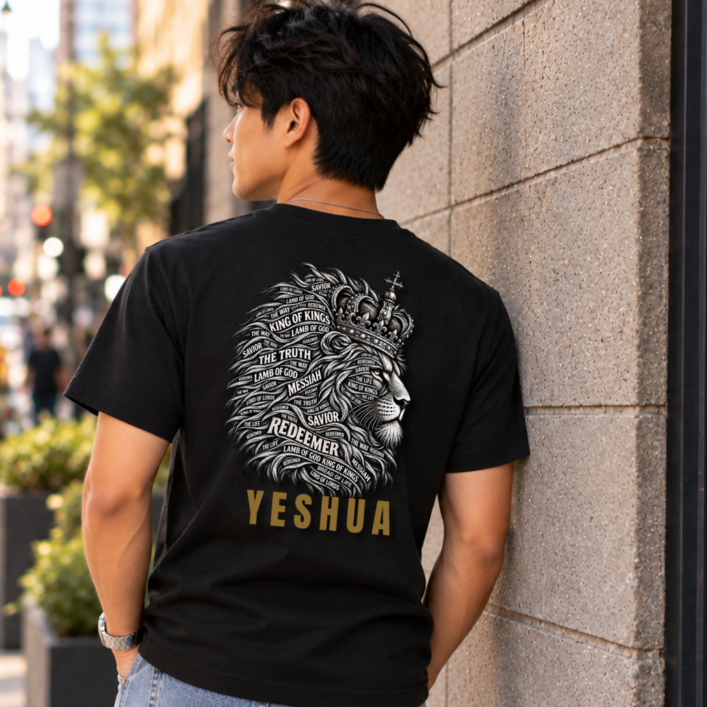 a man standing against a  concrete wall wearing a black christian graphic shirt that has a lion with words like "redeemer, the truth, king of kings" inlaid in the mane and bold gold lettering beneath hat says "Yeshua"