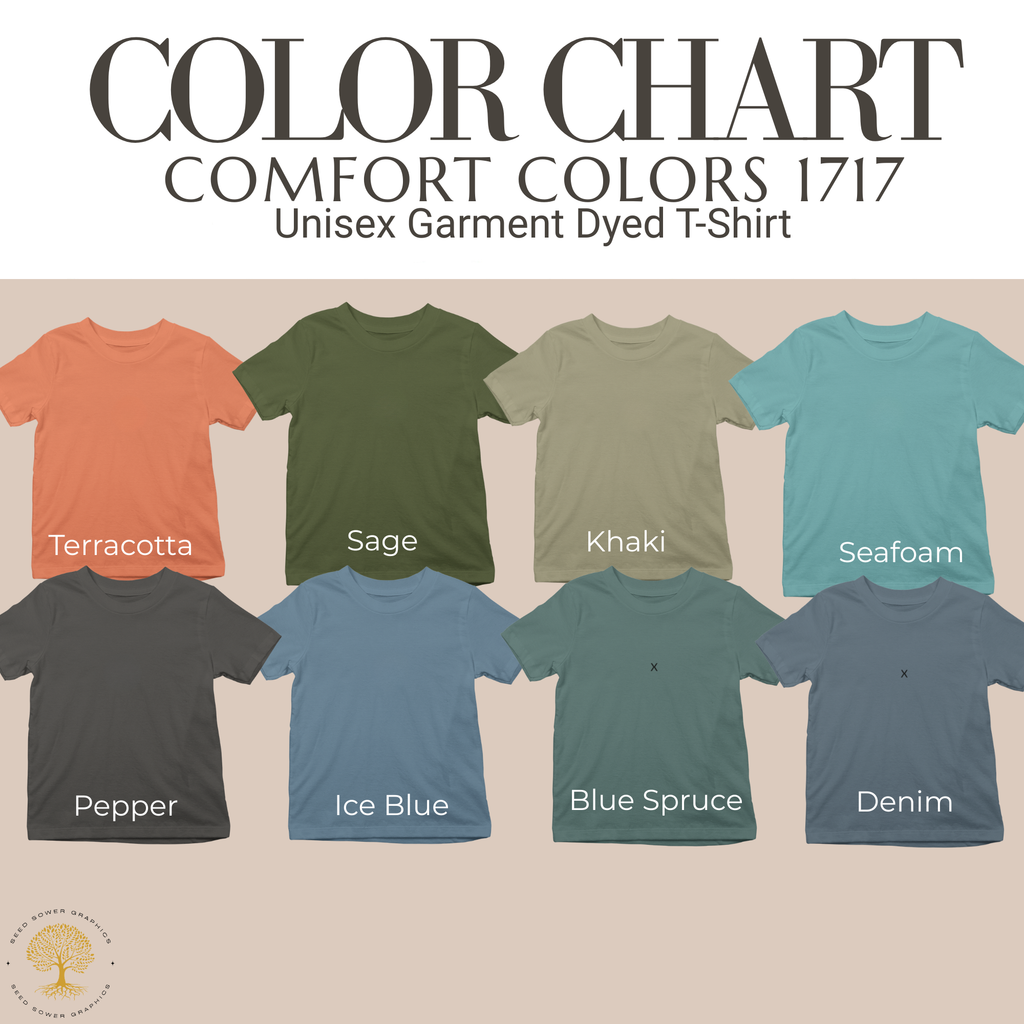 A color chart graphic for Comfort Colors 1717 unisex garment dyed T-shirts provided by SeedSowerGraphics showing eight different color options labeled Terracotta, Sage, Khaki, Seafoam, Pepper, Ice Blue, Blue Spruce, and Denim on a beige background.