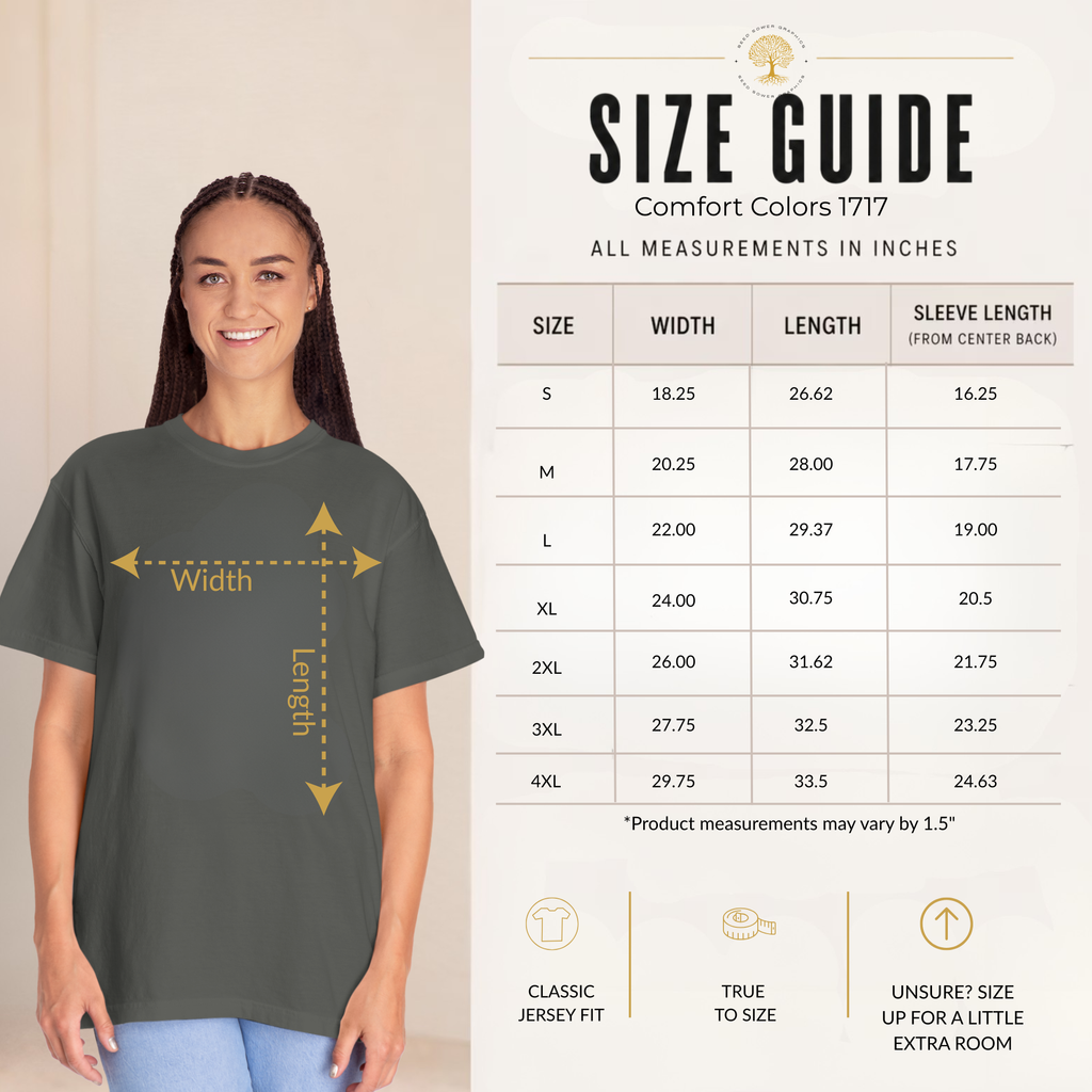 A size guide infographic for a Comfort Colors 1717 t-shirt. The left side shows a woman modeling a dark gray t-shirt with gold arrows indicating width and length measurements.
