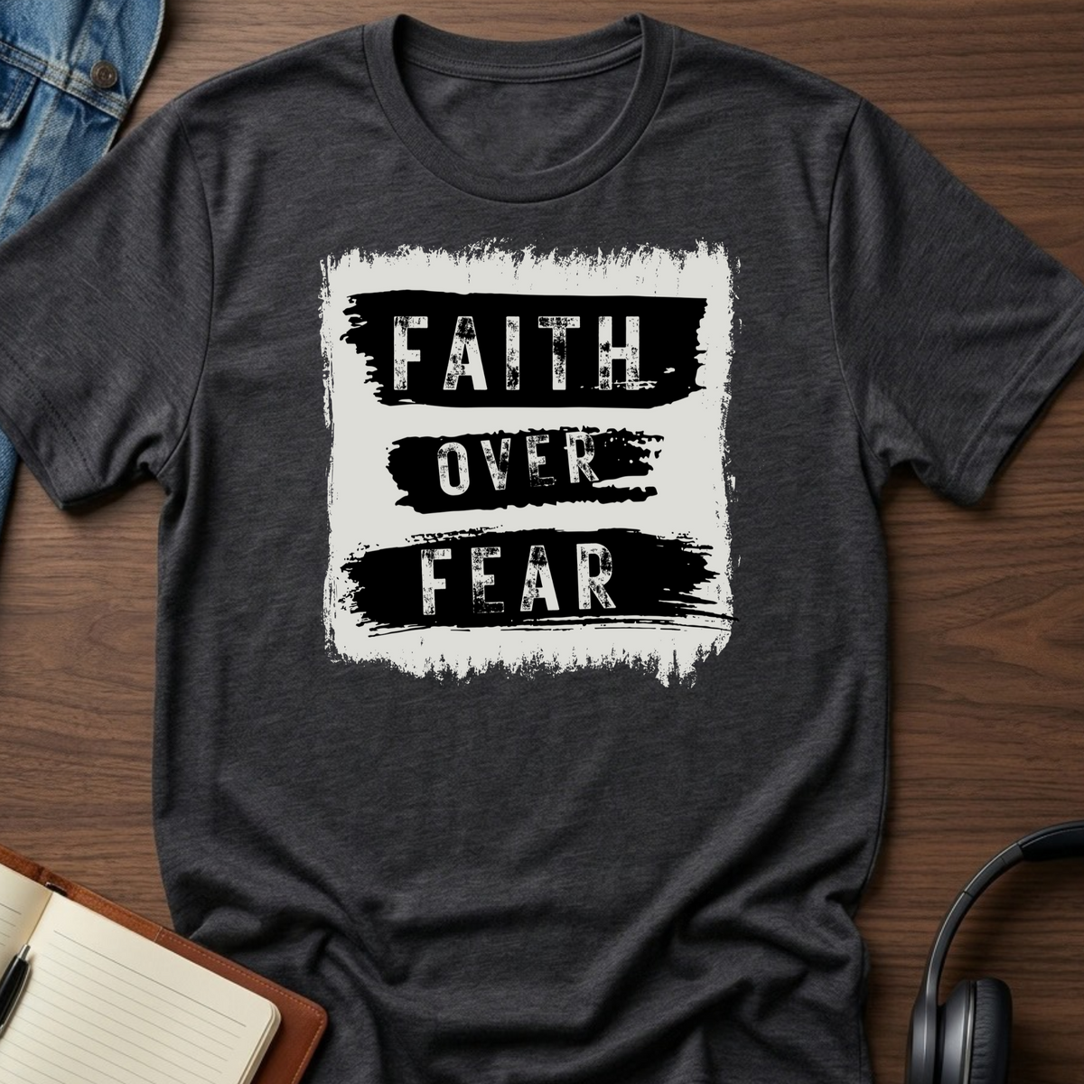 A dark heather gray t-shirt with a distressed white and black graphic reading 'FAITH OVER FEAR', laid flat on a wooden desk with jeans, headphones, and a notebook partially visible.