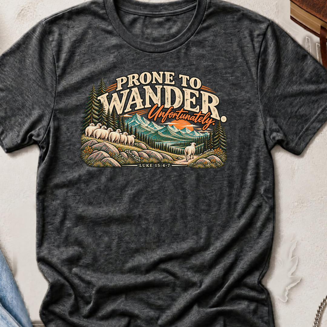A dark heather gray graphic t-shirt laid flat on a textured light beige surface. The shirt features a vintage-style travel illustration with the text 'PRONE TO WANDER Unfortunately' and 'LUKE 15:4-7' above and below a scenic graphic of mountains, pine trees, and sheep.