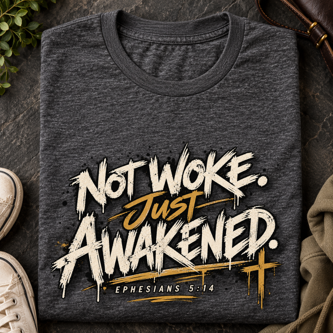 A folded dark heather gray t-shirt with a graphic print reading 'NOT WOKE. Just AWAKENED.