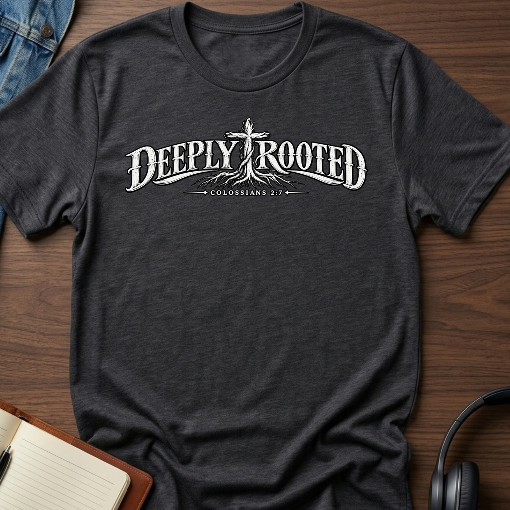 A dark heather gray t-shirt with a white graphic reading 'DEEPLY ROOTED' and 'COlossians 2:7' featuring a cross and roots, laid flat on a wooden desk with jeans, headphones, and an open notebook partially visible.