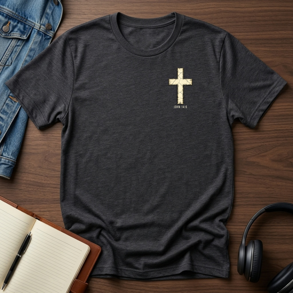A dark heather gray t-shirt with a distressed gold cross and 'JOHN 14:6' printed on the left chest, styled in a flat-lay on a wooden desk with a denim jacket, notebook, and headphones.