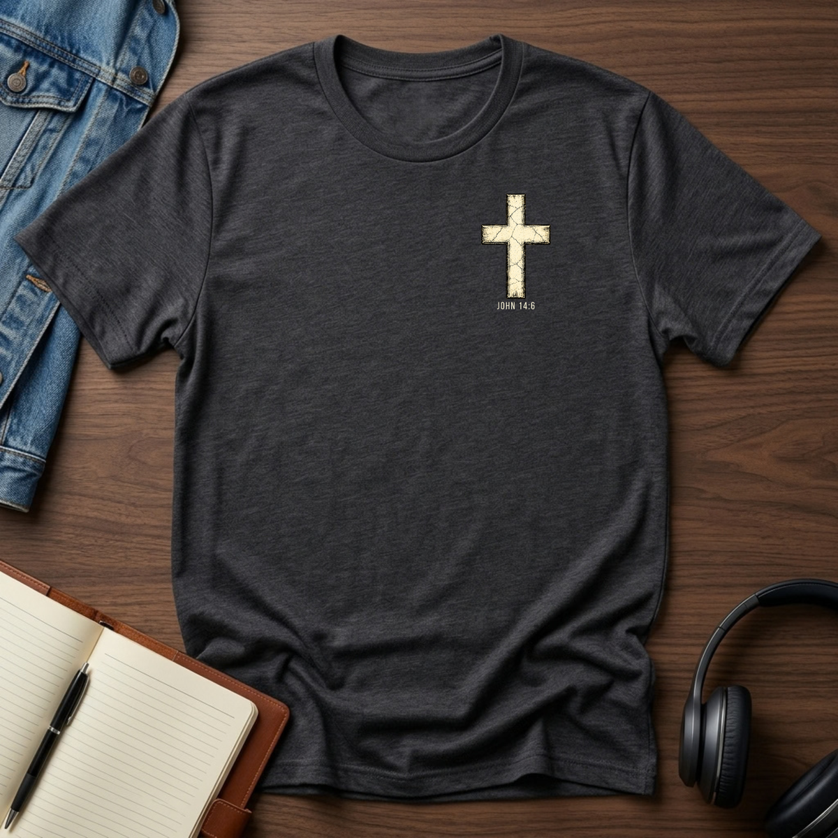 A dark heather gray t-shirt with a distressed gold cross and 'JOHN 14:6' printed on the left chest, styled in a flat-lay on a wooden desk with a denim jacket, notebook, and headphones.