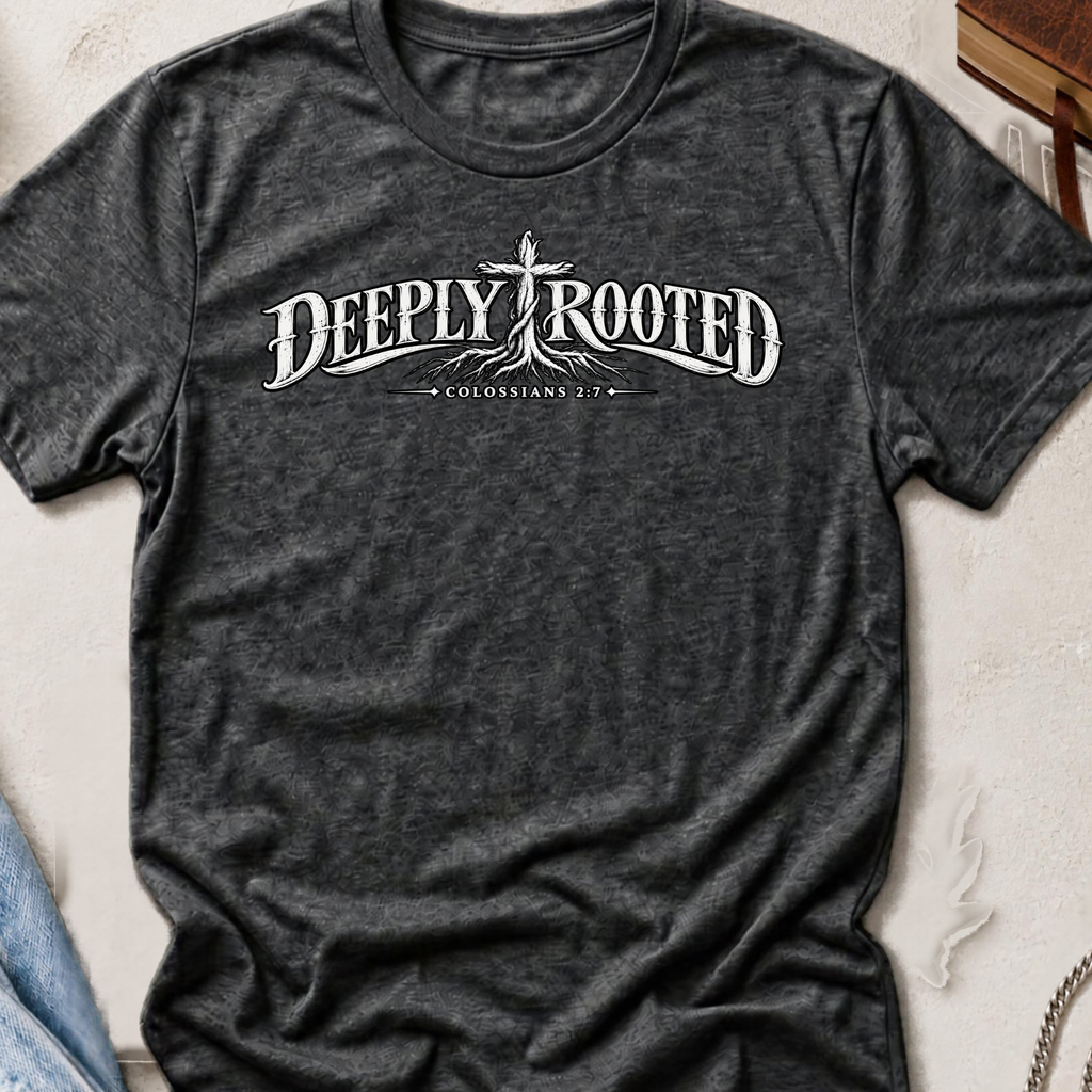 A dark heather gray Christian graphic t-shirt by SeedSowerGraphics with a white graphic print reading 'DEEPLY ROOTED' and 'COLOSSIANS 2:7' featuring a cross and roots design, laid flat on a textured light surface.