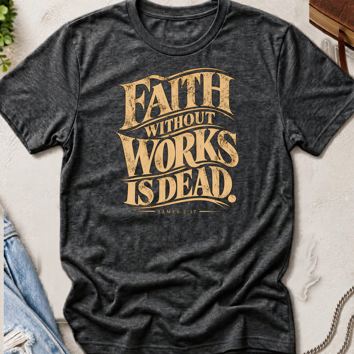 heather gray Christian graphic shirt by SeedSowerGraphics surrounded by props that says, in distressed cream lettering, Faith without works is dead; James 2:17