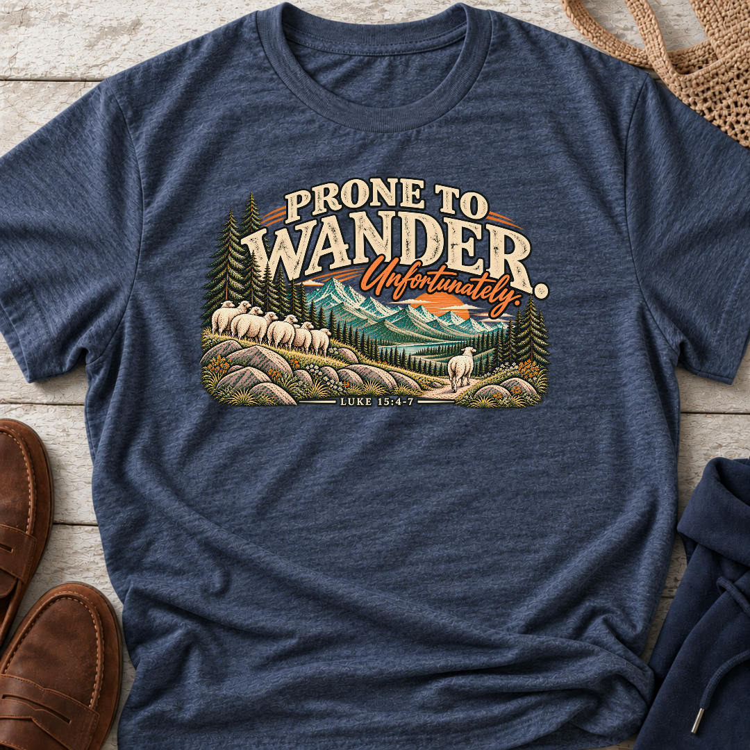 A navy blue heather Christian graphic t-shirt by SeedSowerGraphics laid flat on a light wood background, featuring a retro-style graphic with the text 'PRONE TO WANDER Unfortunately.' and an illustration of mountains, trees, and sheep.