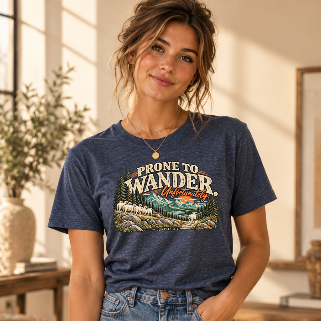 A woman wearing a navy blue graphic t-shirt with a mountain landscape print and the text 'PRONE TO WANDER. Unfortunately.