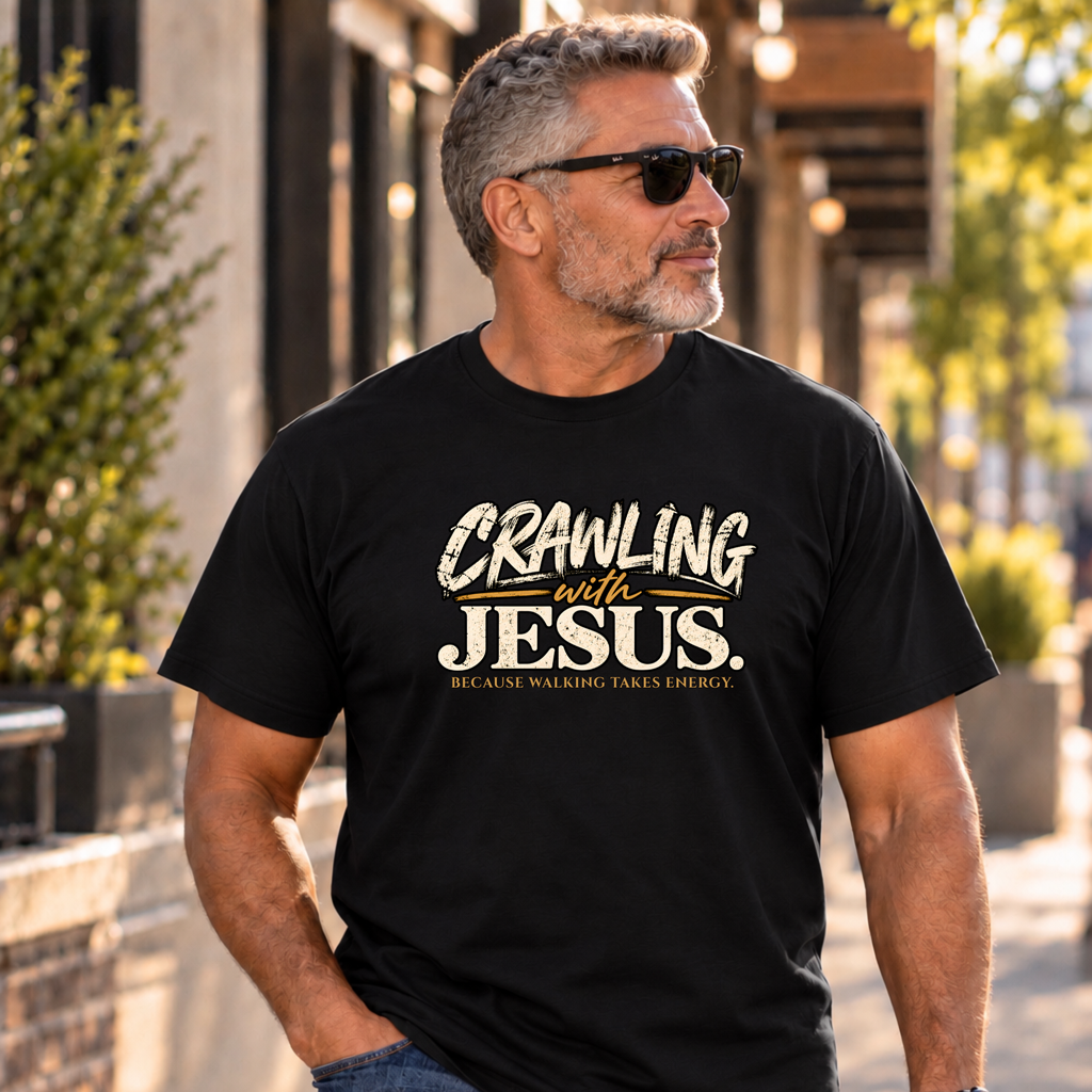 a man wearing sunglasses, jeans, and a black Christian t-shirt by SeedSowerGraphics that says "crawling with jesus' because walking takes energy.