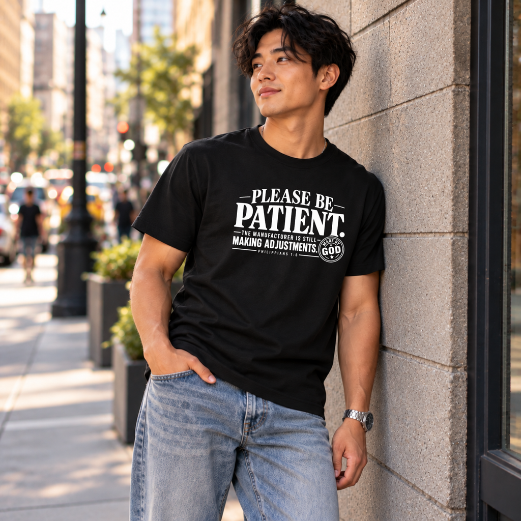 A man wearing a black graphic t-shirt with white text that reads 'PLEASE BE PATIENT. IN PROGRESSABLE DISORDERS.
