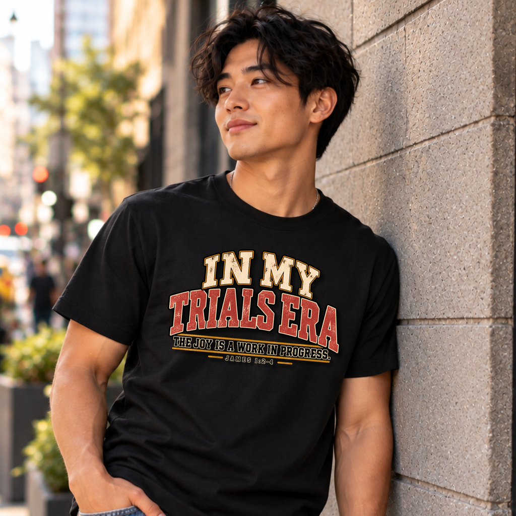 A young man leaning against a concrete wall looking out wearing a black christian t-shirt by SeedSowerGraphics  with typography that says "in my trials era' the joy is a work in progress. James 1:2-4 in cream, red, and black lettering