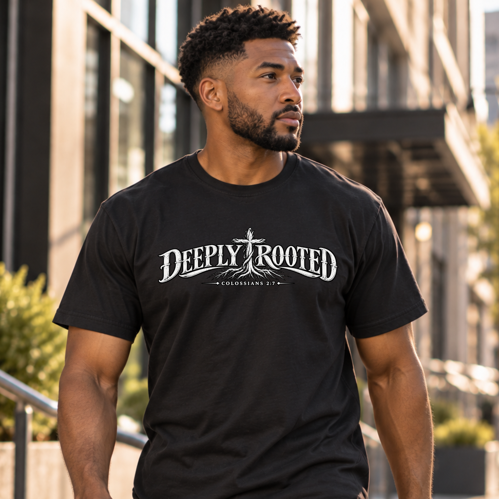 A man wearing a black Christian crewneck t-shirt by SeedSowerGraphics with a white graphic that reads 'DEEPLY ROOTED' and a cross design, standing outdoors in front of a modern building.
